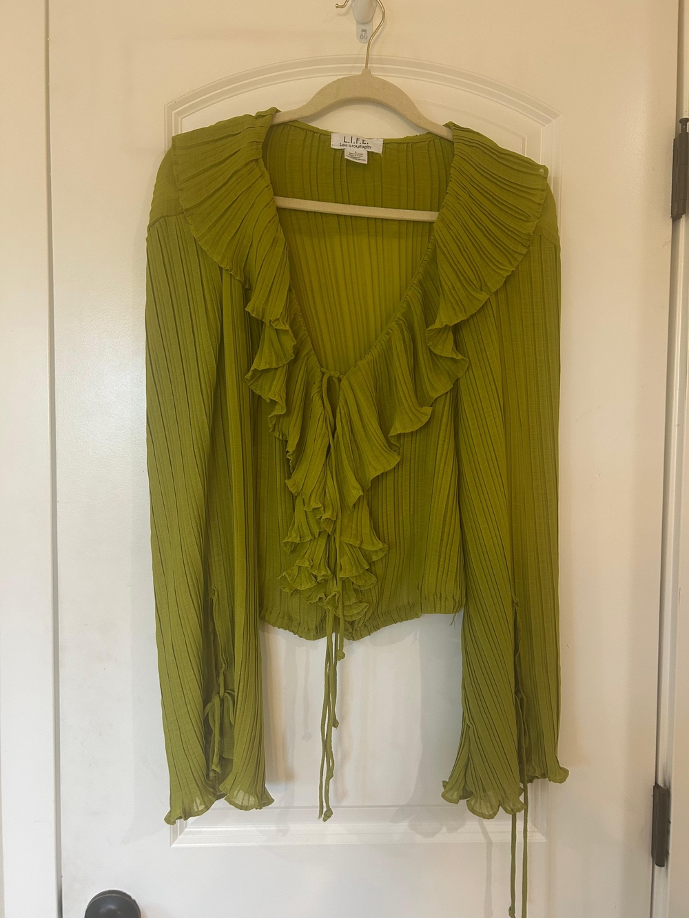 Lime Green Ruffle Tie-Front Blouse - Picture 3 of 5